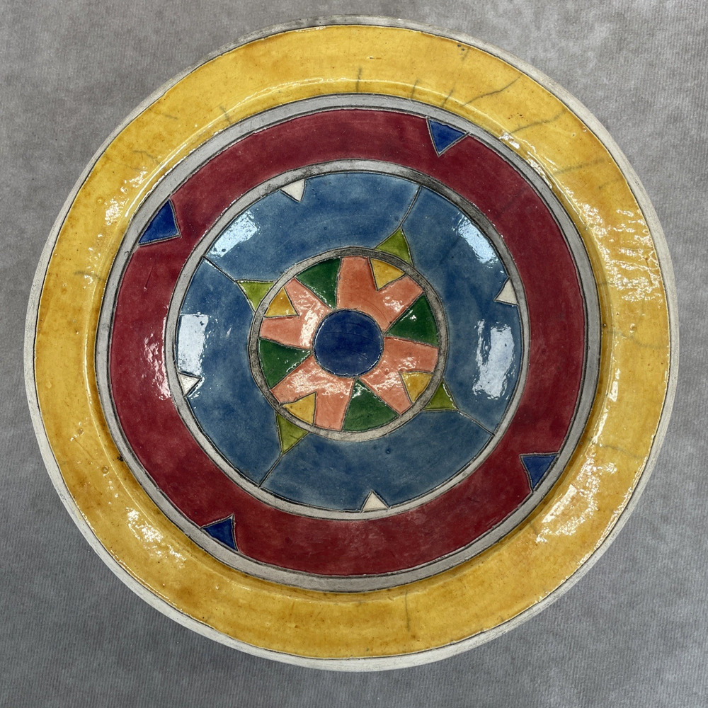 Vtg Geometric South African Ndebele Glazed Earthenware 9" Bowl Yellow Red Blue